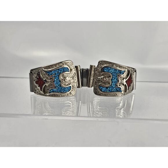 Vintage Native Sterling Watch Band w/Turquoise &‎ Coral